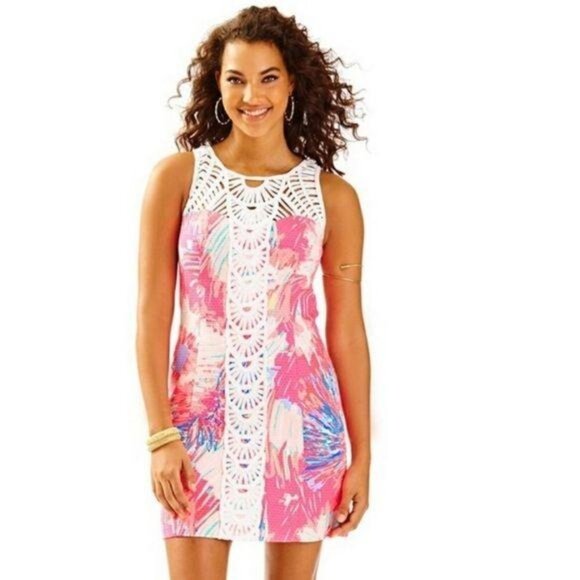 Lilly Pulitzer Tana Sleeveless Sheath Dress Lace Overlay Pink Multi Print Sz 00 - Picture 8 of 8